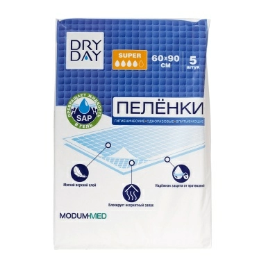 DRY DAY Пеленки гигиенические одноразовые впитывающие Super 60x90, 5шт