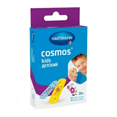 Пластырь Cosmos® kids (ДЕТСКИЙ) н/ст. 20 шт./уп.: размеры 1,6 см х 5,7 см (10) и 1,9см х 7,2см (10)