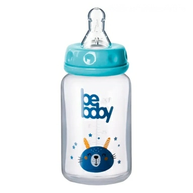 Bebaby Бутылочка пластиковая, антиколиковая, стандартное горлышко, в комплекте силиконовая соска с антиколиковым клапаном, круглая, мини поток, 0 мес+ (голубой, розовый,зеленый), арт.R-06B/125, 125 мл