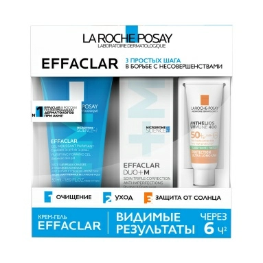LA ROCHE-POSAY Набор: Effaclar Гель очищающий пенящийся для чувствит. жирной кожи лица и тела 50мл + Тройной корректир. крем-гель для проблемной кожи Effaclar DUO+M 15 мл + Солнцезащитный матирующий флюид для лица SPF 50+/PPD 56 Anthelious Uvmune 400 3 м