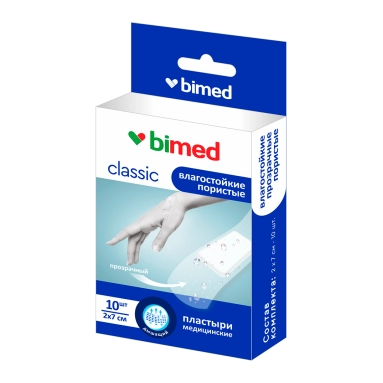 Пластыри нестерильные "Бимед" влагостойкие прозрачные набор №10 (размер 2 х 7см -10шт)