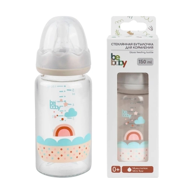 Bebaby Бутылочка стеклянная, антиколиковая,стандартное горлышко, в комплекте силиконовая соска с антиколиковым клапаном, круглая, мини поток, имитирует сосок мамы), 0 мес+ , арт.R10B/150, 150 мл