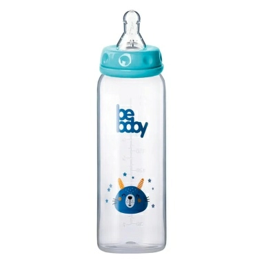 Bebaby Бутылочка пластиковая, антиколиковая, стандартное горлышко, (в комплекте силиконовая соска, круглая, медленный поток, 3 мес+ (голубой, розовый,зеленый), арт.R-06B/240, 240 мл