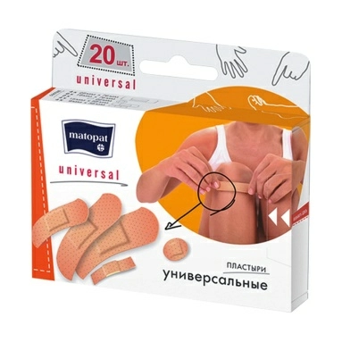 Набор пластырей МАТОРАТ UNIVERSAL размеры: 25мм х 76мм - 4шт., 9мм х 38мм - 4шт., 19мм х 76мм - 6шт., 15мм х 58мм - 4шт.; диаметр: 22мм - 2шт.
