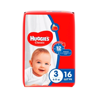 Huggies Classic Детские одноразовые подгузники (4-9кг) 16 шт