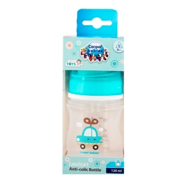 Canpol babies Бутылочка пластиковая, антиколиковая, с широким горлышком, (силиконовая соска, круглая), 0+ 120 мл , арт.35/220_blu