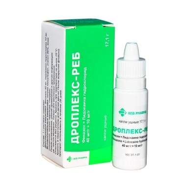 Дроплекс-Реб капли ушн. (40мг+10мг)/1г.по 17.1г.в перв.уп."фл.-кап.полиэт."по 1шт во втор.уп."пачк."