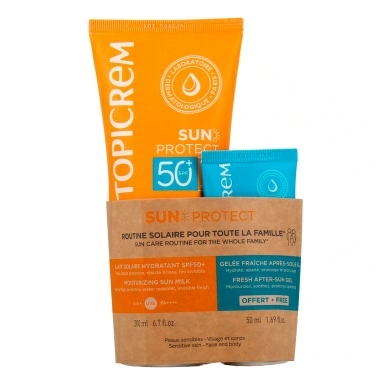 Набор TOPICREM SUN PROTECT:Увлажняющее солнцезащитное молочко SPF50+ 200 мл+Освежающее желе после загара 50 мл