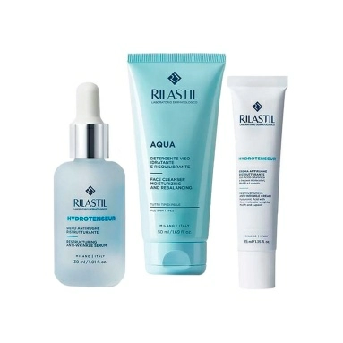 Rilastil Набор: AQUA Очищающий увлажняющий гель для лица 50 мл, Hydrotenseur Реструктурирующая сыворотка против морщин 30 мл, Hydrotenseur Реструктурирующий легкий крем против морщин 15 мл