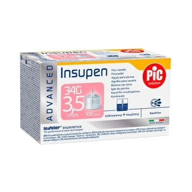 Иглы для шприц-ручки для введения инсулина PIC solution INSUPEN ADVANCED, размеры: G34 (0,18 мм х 3,5 мм) №100