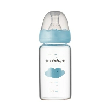 Bebaby Бутылочка стеклянная, антиколиковая,стандартное горлышко, в комплекте силиконовая соска с антиколиковым клапаном, круглая, мини поток, имитирует сосок мамы), 0 мес+ (голубой, розовый), арт.R-05B/150, 150 мл