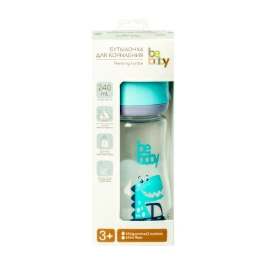 Bebaby Бутылочка пластиковая, антиколиковая, широкое горлышко, в комплекте силиконовая соска с антиколиковым клапаном, круглая, медленный поток, 3 мес+ (голубой, розовый) ,арт. R-01B/240 240 мл