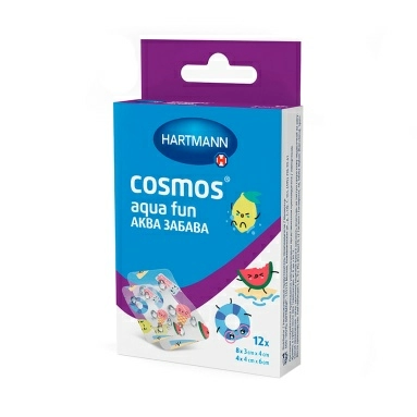 Пластырь Cosmos® aqua fun (АКВА ЗАБАВА) н/ст. 12 шт./уп.: размеры 3 см x 4 см (8 шт.) и 4 см x 6 см (4 шт.)