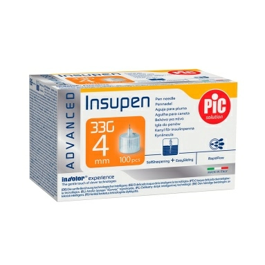 Иглы для шприц-ручки для введения инсулина PIC solution INSUPEN ADVANCED, размеры: G33 (0,20 мм х 4 мм) №100
