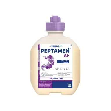 Пептамен АФ Специализированный продукт диетического лечебного питания,
жидкая полноценная сбалансированная высококалорийная смесь на основе гидролизованного
 белка молочной сыворотки с нейтр. вкусом для энтер. пит. дет.
 старше 10 лет и взр., 500 мл