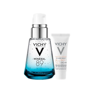 Набор VICHY: MINERAL 89 гель-сыворотка ежедневный для кожи, подверженной агрессивным врешним воздействиям, 30 мл + CAPITAL SOLEIL Солнцезащитный флюид для лица невесомый против признаков фотостарения UV AGE-DAILY SPF50+, 3 мл