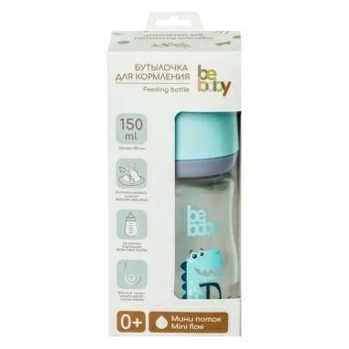 Bebaby Бутылочка пластиковая, антиколиковая, широкое горлышко, в комплекте силиконовая соска с антиколиковым клапаном, мини поток, 0 мес+ (голубой, розовый) арт.R-01B/150 150 мл
