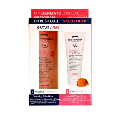 ISISPHARMA Набор Ruboril Expert SPF 50+: крем для чувствительной кожи склонной к покраснению с SPF 50+, 40мл + Ruboril Cleansing Balm бальзам-гель для умывания и снятия макияжа очищающий для чувствительной кожи, 40 мл