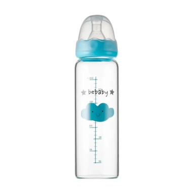 Bebaby Бутылочка стеклянная, антиколиковая,стандартное горлышко, в комплекте силиконовая соска с антиколиковым клапаном, круглая, медленный поток, 3 мес+ , арт.R-05В/240-бело-голубая., 240 мл