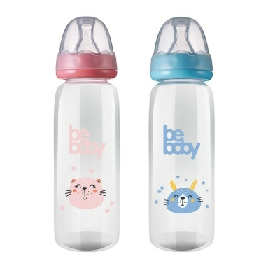 Bebaby Бутылочка пластиковая, антиколиковая, стандартное горлышко, (в комплекте силиконовая соска, круглая, медленный поток, 3 мес+ (голубой, розовый,зеленый), арт.R-06B/240, 240 мл