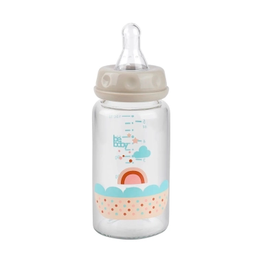 Bebaby Бутылочка стеклянная, антиколиковая,стандартное горлышко, в комплекте силиконовая соска с антиколиковым клапаном, круглая, мини поток, имитирует сосок мамы), 0 мес+ , арт.R10B/150, 150 мл