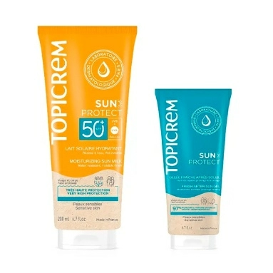 Набор TOPICREM SUN PROTECT:Увлажняющее солнцезащитное молочко SPF50+ 200 мл+Освежающее желе после загара 50 мл