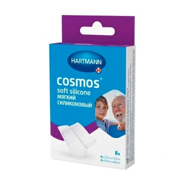 Пластырь Cosmos®soft silicone (МЯГКИЙ СИЛИКОНОВЫЙ) н/ст 8 шт./уп.( 2,5 см x 7,2 см (6 шт.) и 4 см x 6 см (2 шт.)