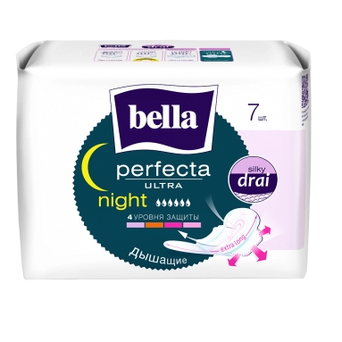 Bella Perfecta Ultra night Ультратонкие женские гигиенические впитывающие прокладки с покрытием silky drai 7 шт