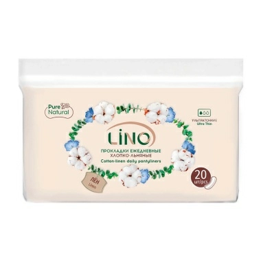 LINO Прокладки гигиенические ежедневные женские хлопко-льняные Ультратонкие, п/э мяг. уп. 20 шт