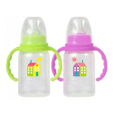 ПОМА Бутылочка 140 мл (ПП, с ручками) с мол.соской (силикон,ср.поток) 4 мес + арт. 3410, 1 шт