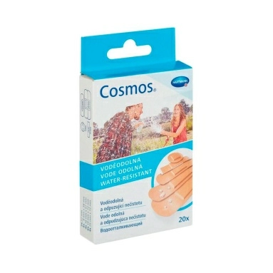 Пластырь Cosmos Water-resistant (водоотталкивающий) 20 шт./уп.: размер 1,9 х 7,2 см - 6 шт., 2,5 х 7,2 см - 4 шт., 0,9 х 3,8 см - 4 шт., 1,6 х 5,7 см - 4 шт., круглые диаметр 2,2 см - 2 шт.