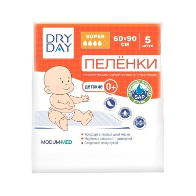 DRY DAY Пеленки гигиенические одноразовые впитывающие Super 60x90, 5шт