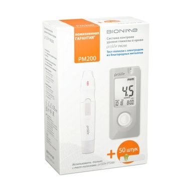 Экспресс-анализаторы глюкозы в крови портативные с принадлежностями: система контроля уровня глюкозы в крови PROLIFE PM 200, - тест-полоски PROLIFE PT 200 (50 шт. в упаковке)