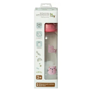 Bebaby Бутылочка пластиковая, антиколиковая, стандартное горлышко, (в комплекте силиконовая соска, круглая, медленный поток, 3 мес+ (голубой, розовый,зеленый), арт.R-06B/240, 240 мл