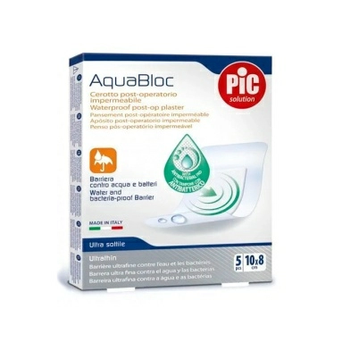 Лейкопластырь медицинский: пластырь Aquabloc стерильный послеоперационный водонепроницаемый с антибактериальной подушечкой, размеры, см: 10 х 8, № 5