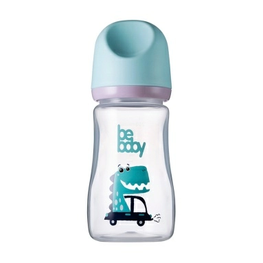 Bebaby Бутылочка пластиковая, антиколиковая, широкое горлышко, в комплекте силиконовая соска с антиколиковым клапаном, круглая, медленный поток, 3 мес+ (голубой),арт.R-01B/240-гол , 240 мл